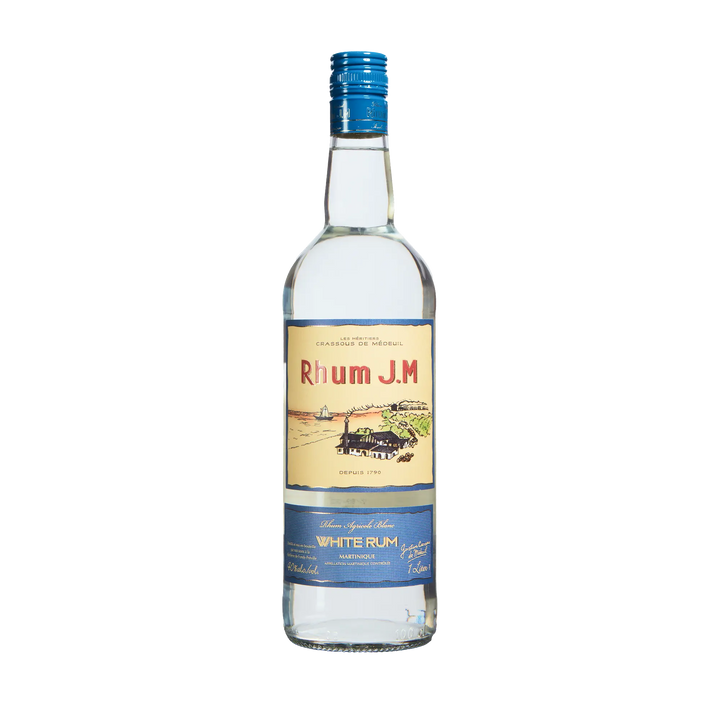 A clear glass bottle of Rhum J.M. Agricole Blanc 40 White Rum with a blue cap and cream-and-blue label—perfect for a balanced rum and elevated cocktail experience.