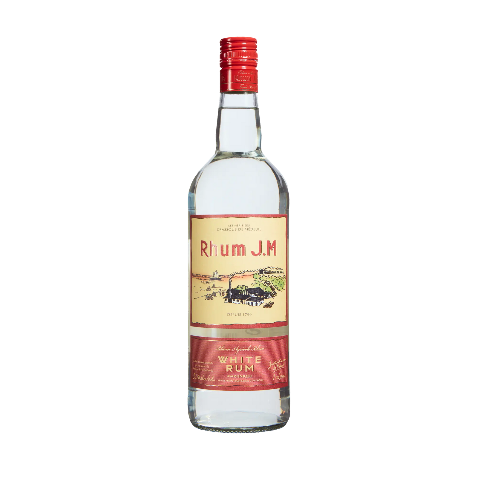 A clear glass bottle of Rhum J.M. Agricole Blanc 110 Proof White Rum features a red cap and cream and red label with a distillery illustration and gold text, photographed on a plain white background.