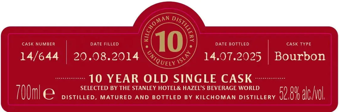 Kilchoman 10 Year Old 100% Islay Cask Bourbon Single Cask Scotch Whisky 700mL - Main Street Liquor