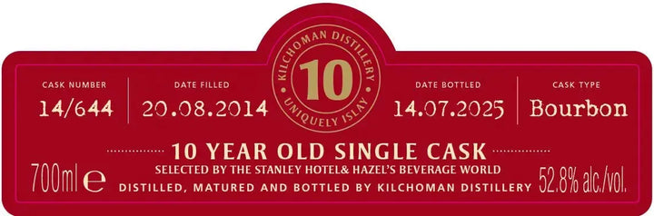 Kilchoman 10 Year Old 100% Islay Cask Bourbon Single Cask Scotch Whisky 700mL - Main Street Liquor