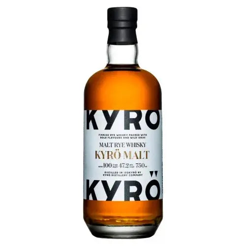 A bottle of Kyro Distillery’s Kyrö Malt Rye Whisky (700ml) with a white label featuring bold black lettering displaying the whisky’s name and a 47.2% alcohol content.