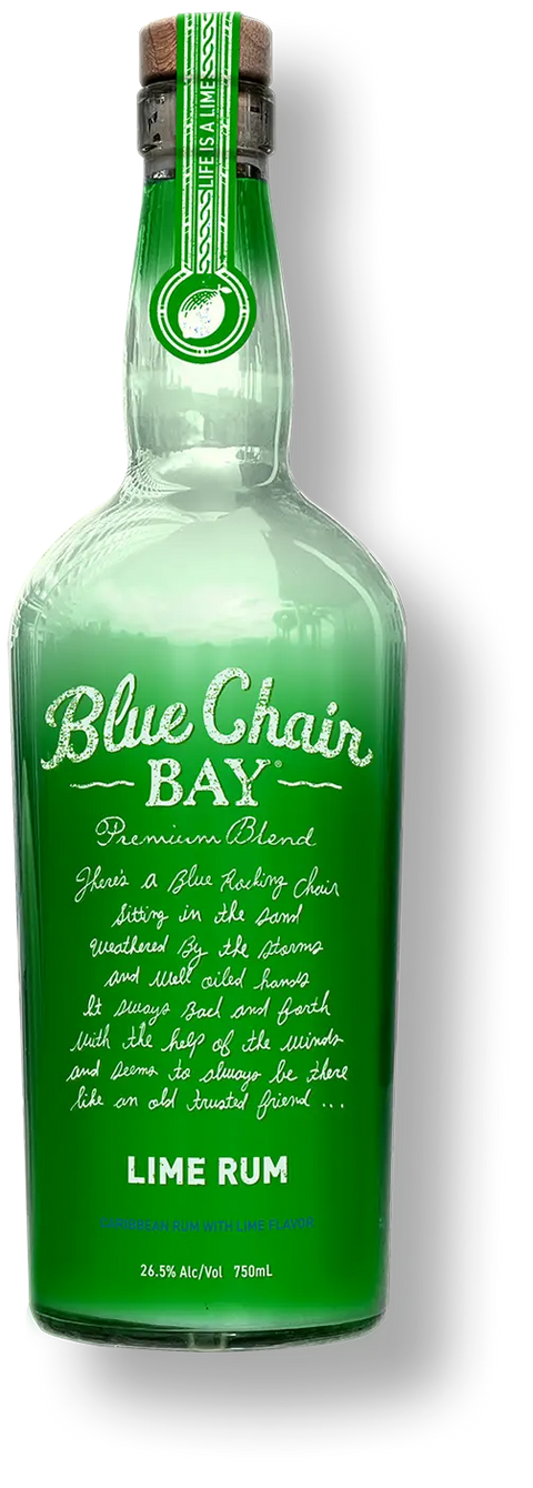 A green glass bottle labeled Blue Chair Bay Lime Rum by Kenny Chesney features white text, a green neck seal, and highlights its refreshing lime flavor. This Caribbean rum from Blue Chair Bay Rum has 26.5% ABV in a 750mL bottle.
