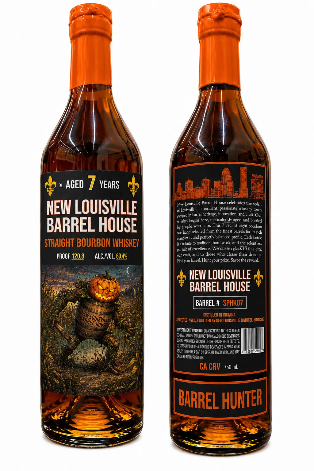 Two bottles of Nulu New Louisville Barrel House "Barrel Hunter" Halloween Edition 7 Year Bourbon 750mL (Pre-Order) with orange caps, displaying both the front and back labels. The front label features a barrel set in a field, while the back highlights product information along with the words BARREL HUNTER in striking orange. This special edition straight bourbon presents a distinctive offering for collectors and enthusiasts seeking something unique for Halloween.