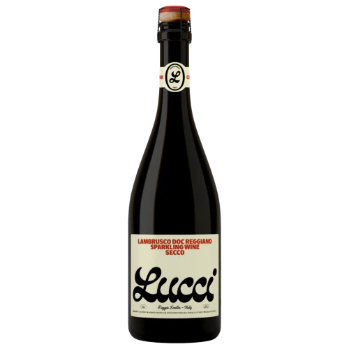 A dark glass bottle of Lucci Lambrusco Reggiano DOC Secco Dry Sparkling Red Wine by Lucci, featuring a cream and red label with a black cap, is displayed against a plain white background.