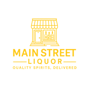 Yellow outline of a small liquor store with bottles in the window above bold text: MAIN STREET LIQUOR. Below, smaller text reads QUALITY SPIRITS, DELIVERED, with a typo in QUALITY.