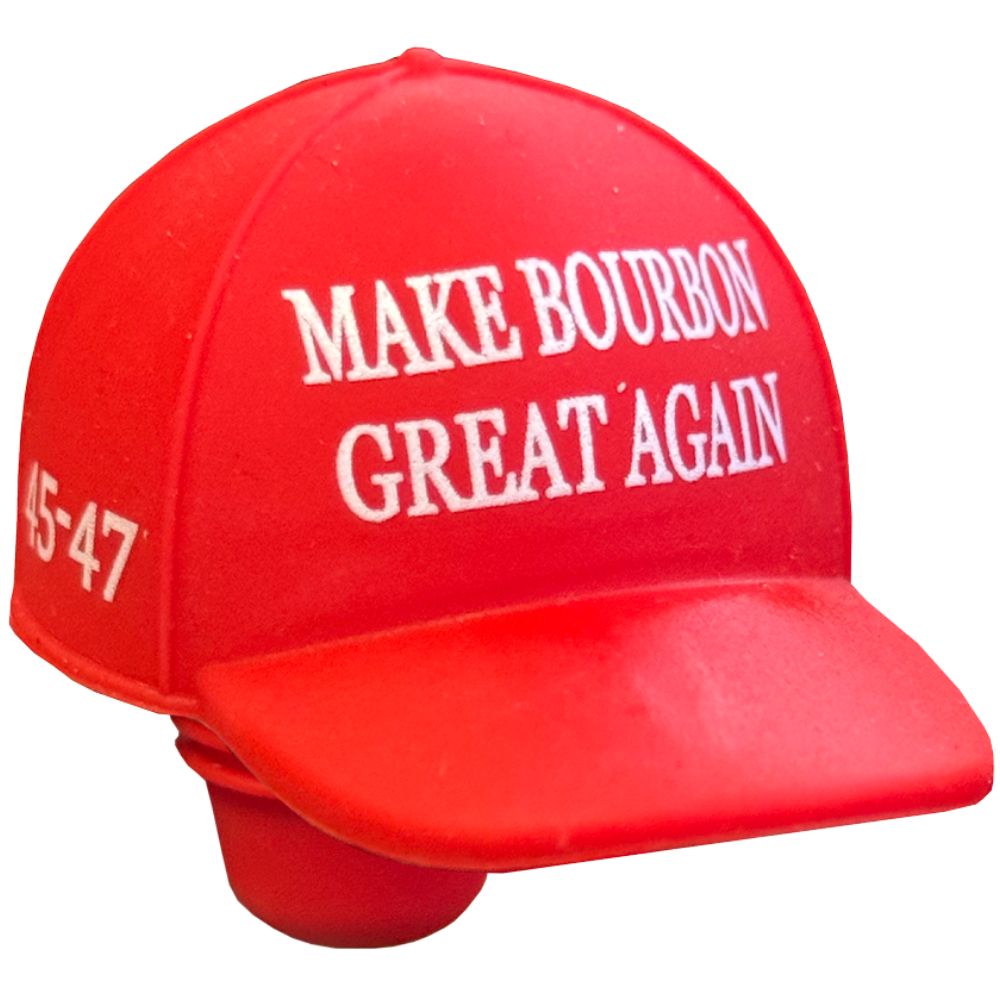 A red baseball cap with "MAKE BOURBON GREAT AGAIN" on the front and "45-47" on the side—perfect for fans of America First Straight Bourbon Whiskey 3 Pack or those seeking a unique collector’s item from the America First brand.