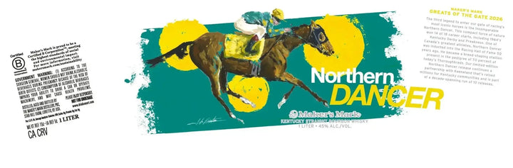 A vibrant label for Maker’s Mark “Northern Dancer” Limited Edition Bourbon Whisky 1L shows a painted racehorse and jockey with yellow circles, celebrating Northern Dancer’s enduring legacy in horse racing.