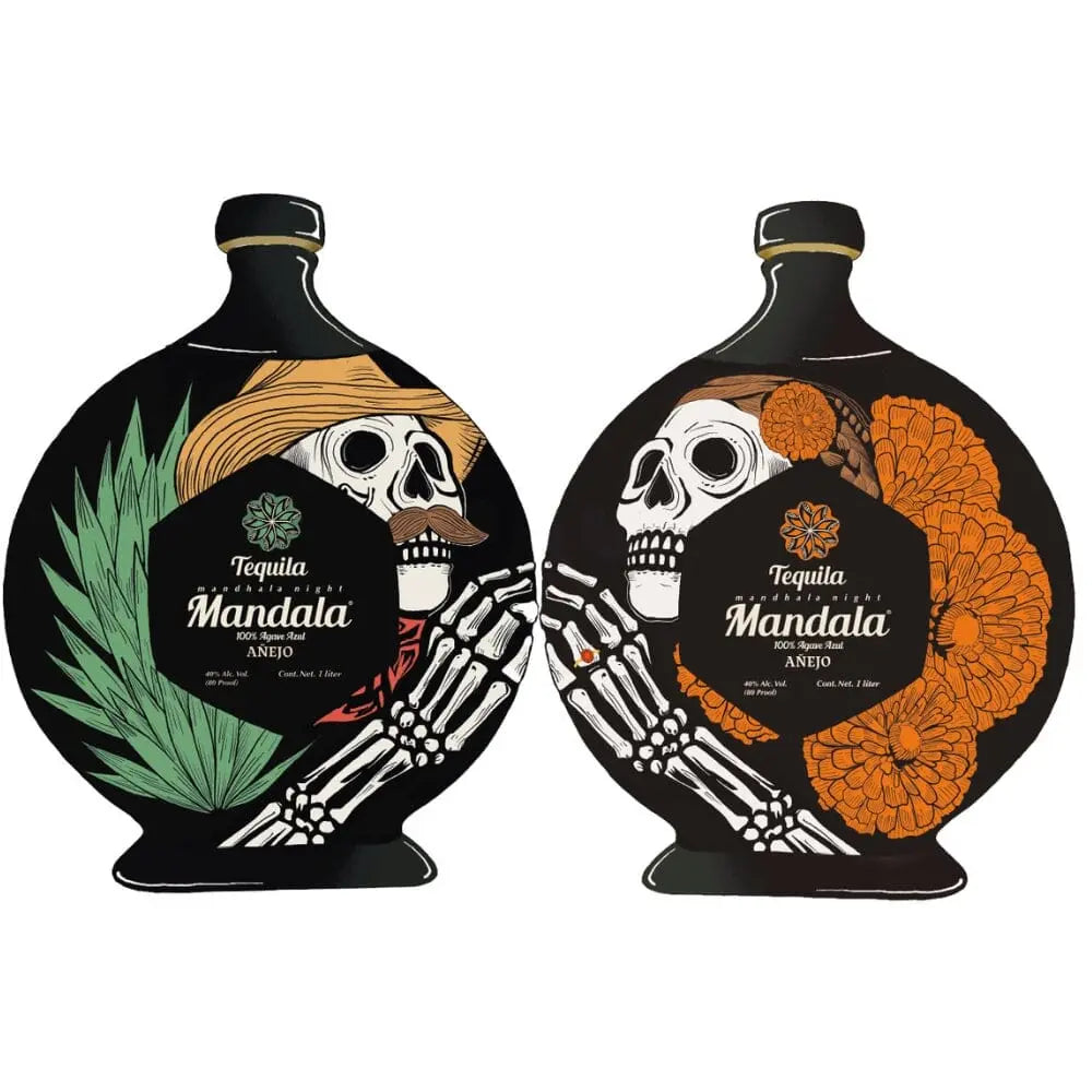 Mandala Tequila Añejo Día de los Muertos limited edition bottles with artistic skeleton designs.