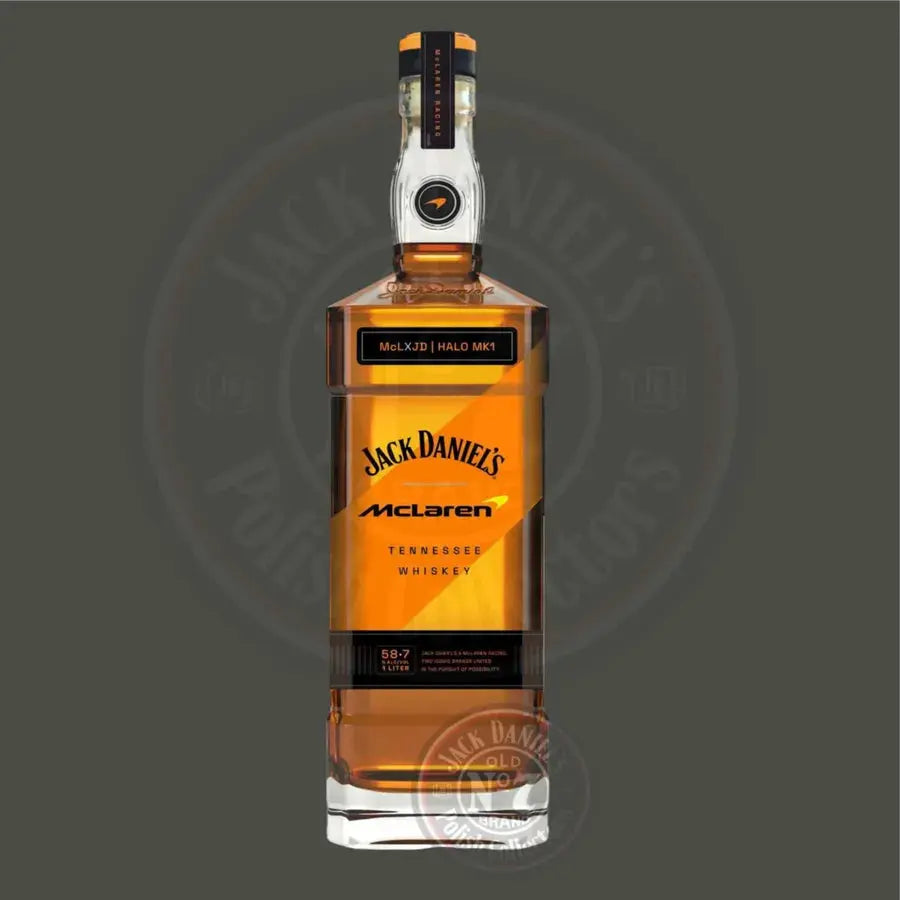 Jack Daniel’s McLaren Prestige Tennessee Whiskey Limited Edition 1L features a special black and orange McLaren label with logo and "58.7 Edition" text—an ideal collector's item for Formula 1 fans.
