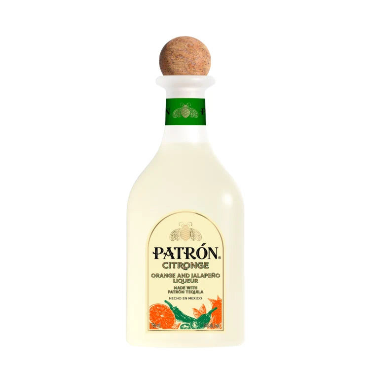 A bottle of Patron Citronge Orange & Jalapeño Liqueur by Patron, featuring a wooden cork and a label decorated with lively orange slices and jalapeño imagery—ideal for mixing a bold, flavorful spicy margarita with an artisanal twist of orange liqueur.