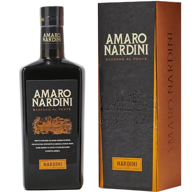 A bottle of Nardini Amaro Nardini Italian Herbal Liqueur 700mL stands beside its matching black box, both adorned with gold and orange accents and featuring the brand and Bassano al Ponte in bold lettering.