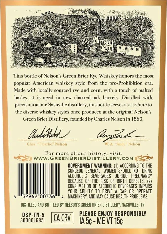 Nelson's Green Brier Rye Whiskey 750ml - Main Street Liquor