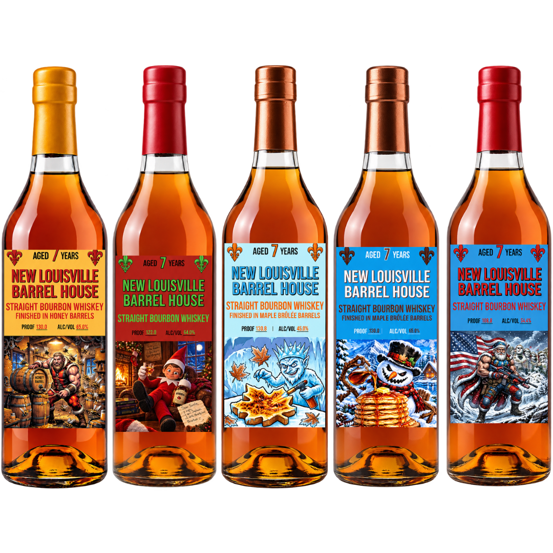 Five bottles of Nulu New Louisville Barrel House Christmas Edition 7 Year Bourbon 5-Pack Bundle, each with a unique holiday-themed illustrated label.