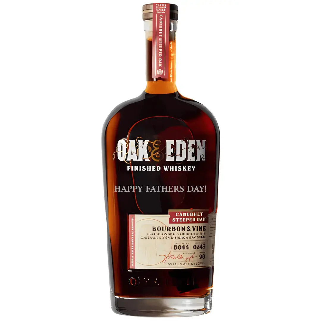 Gift the Oak & Eden Bourbon & Vine – “Happy Father’s Day!” Engraved Bottle, featuring a celebratory label and rich amber whiskey with gold and red accents—a perfect Father’s Day gift for any dad.