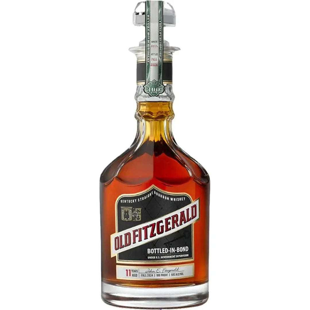 A bottle of Old Fitzgerald Bottled in Bond Fall 2024 Release Bourbon from Old Fitzgerald, featuring a decorative label and unique decanter-style glass stopper.
