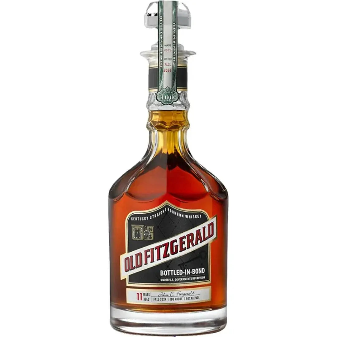 A bottle of Old Fitzgerald Bottled in Bond Fall 2024 Release Bourbon from Old Fitzgerald, featuring a decorative label and unique decanter-style glass stopper.