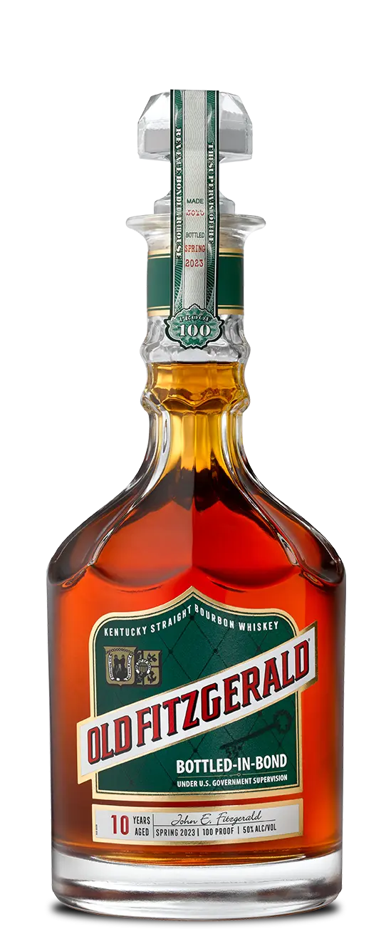 A bottle of Old Fitzgerald Bottled In Bond Spring 2023 Release, featuring a green label with gold accents and filled with amber whiskey from the esteemed Old Fitzgerald brand.