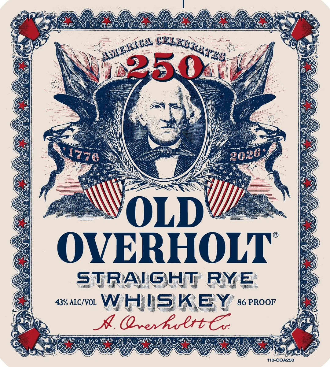 Old Overholt 4 Year Straight Rye Whiskey America 250th Edition label shows a man, two eagles, U.S. flags, and shields, with “America Celebrates 250,” “Old Overholt 4 Year Rye Whiskey,” “1776-2026,” and a star border.