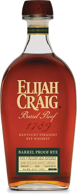 A bottle of Elijah Craig Barrel Proof Rye Batch A925 features a dark amber liquid, gold wax seal, and a green label with batch details.