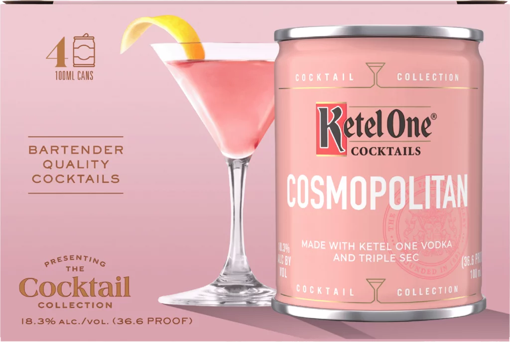 The Ketel One Vodka Cosmopolitan Cocktail Cans 4 x 100mL deliver bartender-quality vodka cocktails at 18.3% ABV, featuring a pink drink with a lemon twist for convenient, ready-to-drink enjoyment.