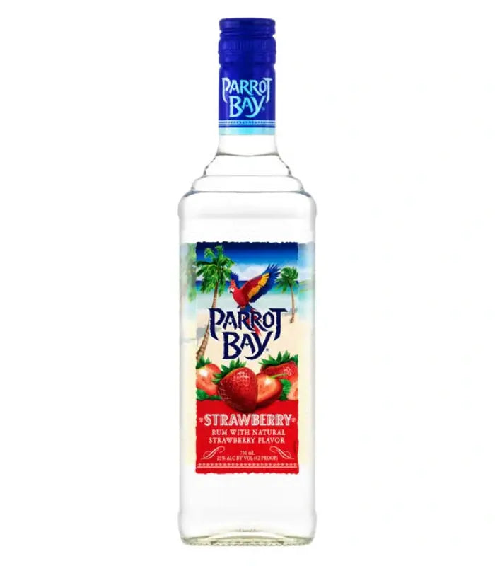 Bottle of Parrot Bay Strawberry Rum 750mL with natural strawberry flavor, perfect for tropical cocktails and summer drinks.