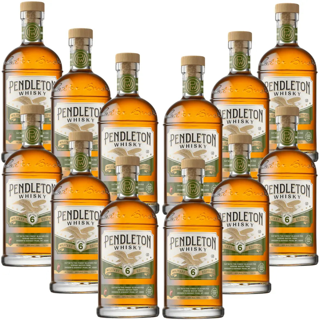 Ten bottles of Pendleton Whisky Military Edition 2026 by Pendleton Whisky, each featuring a tan cap and a label marked “6 years old.” This limited edition Canadian whisky showcases military-themed bottles arranged in two rows, with the front row set slightly lower than the back.