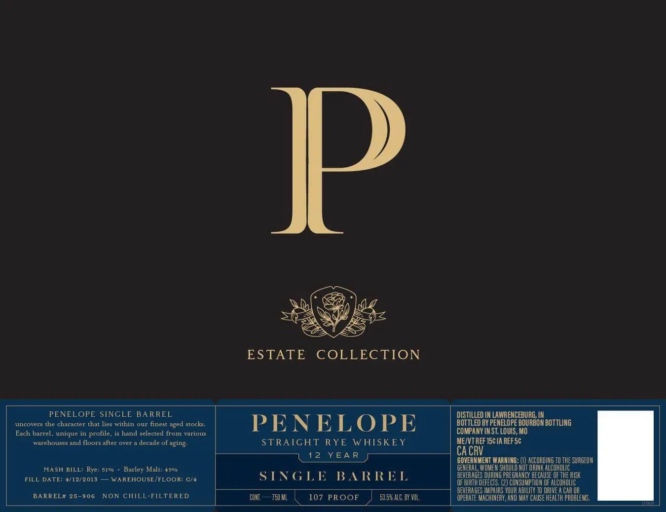 Penelope Estate Collection 12 Year Single Barrel Straight Rye Whiskey - Main Street Liquor