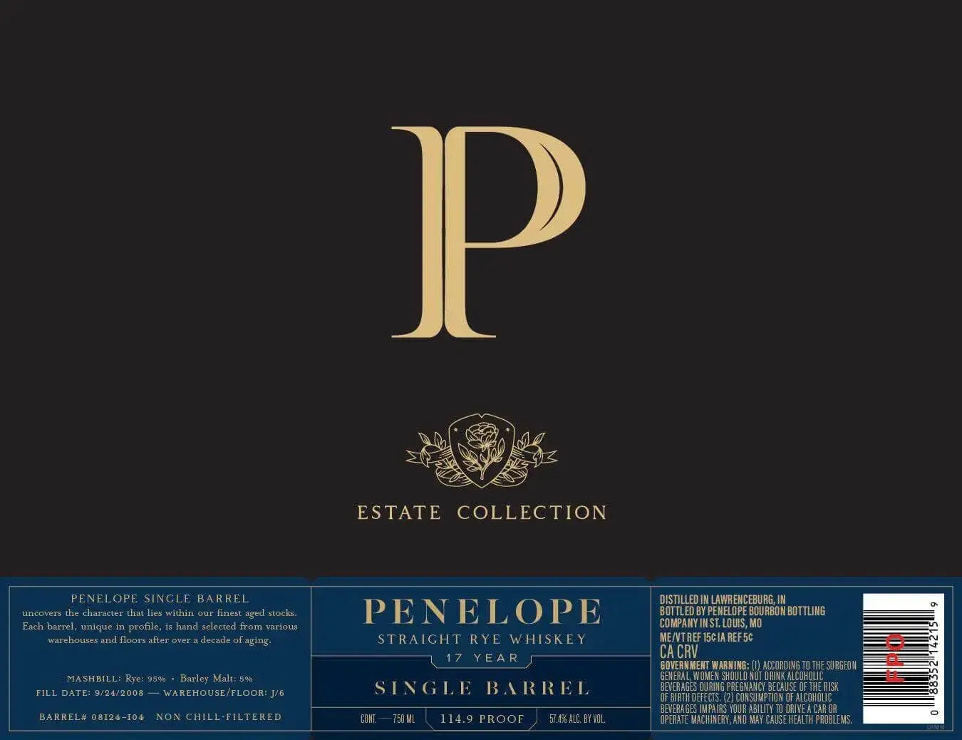 Penelope Estate Collection 17 Year Straight Rye Whiskey Single Barrel - Main Street Liquor