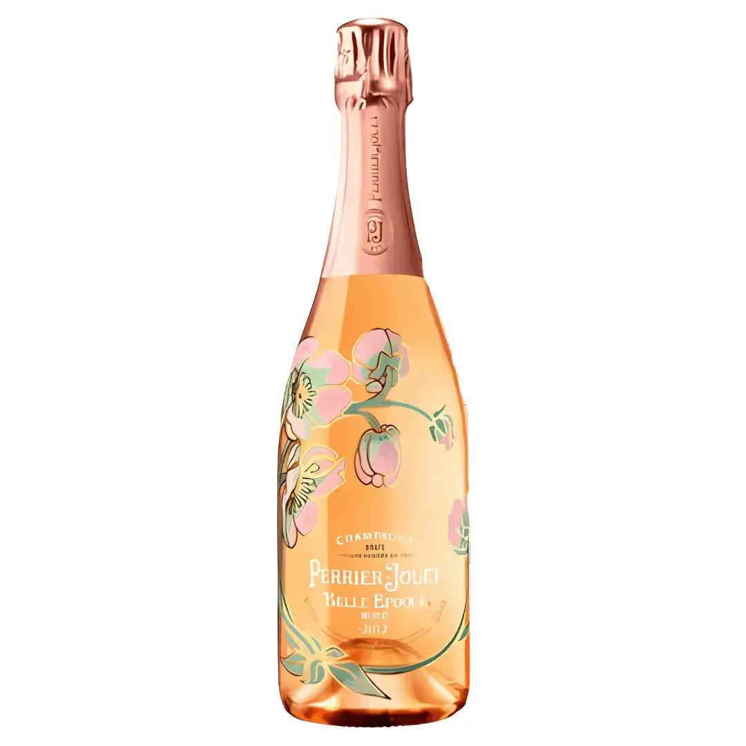 Perrier Jouet Belle Époque Rosé 2013 Champagne features a pink foil top, floral art on the bottle, and elegant gold and white lettering—an exquisite limited edition vintage.