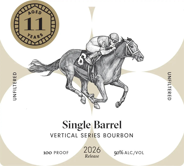 A bourbon label from Pinhook Bourbon, depicting a jockey atop a racehorse and marked “Aged 11 Years,” “Single Barrel,” “Unfiltered,” “2026 Release,” “100 Proof,” and “50% Alc/Vol.” This unique bottling, the Pinhook Vertical Series 11 Year Straight Bourbon Whiskey 2026 Release, exemplifies American whiskey craftsmanship.