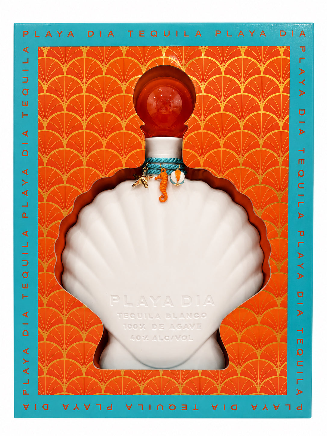 A shell-shaped white bottle of PLAYA DIA Blanco Tequila—crafted from 100% Blue Weber agave and known for being an additive-free Blanco tequila—features a round orange cap, adorned with a turquoise cord and small charms, and comes in an orange and teal box decorated with a repeating pattern and text border.