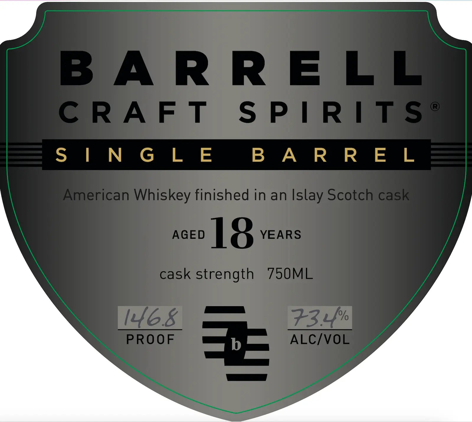 A shield-shaped label for barrell Barrell Craft Spirits 18 Year Old Single Barrel Cask Strength Islay Scotch Cask Finish, aged 18 years, 750ml, 146.8 proof (73.4% ABV).