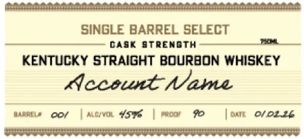 A beige label reads: Heaven's Door Whiskey, Single Barrel Select Kentucky Straight Bourbon Whiskey, Cask Strength. Details: Barrel 001, 45% Alc/Vol (90 Proof), Date 01/02/16. "Account Name" appears in a handwritten style.