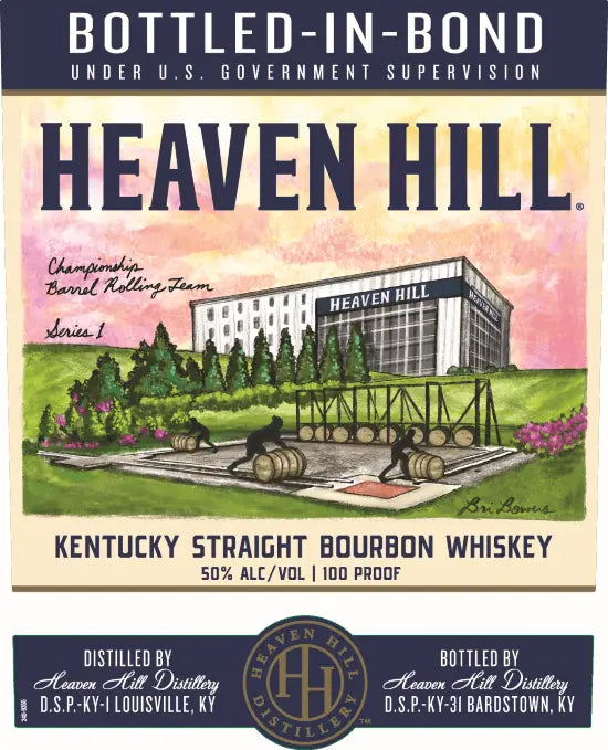 A vintage-style label features a barrel-rolling contest at Heaven Hill Distillery, with HEAVEN HILL in bold and details below highlighting the Heaven Hill Bottled in Bond Artist Series 7 Year Kentucky Straight Bourbon Whiskey.