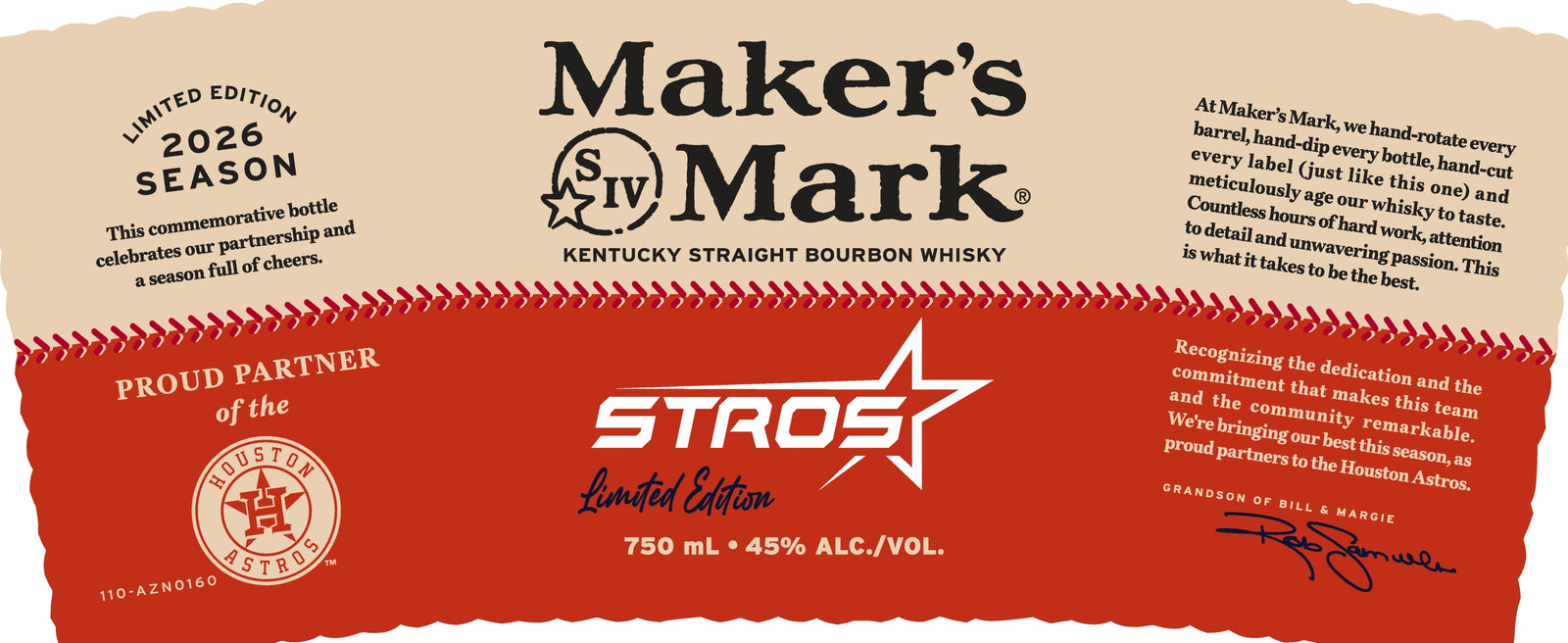 Maker’s Mark x Houston Astros STROS Limited Edition 2026 Kentucky Straight Bourbon Whiskey features the Astros logo, celebratory messages, and Bill Samuels’ signature on the label.