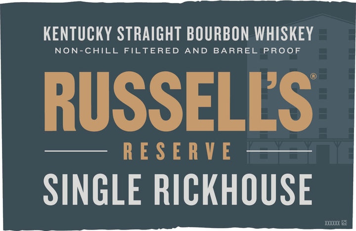 Label for Russell’s Reserve Single Rickhouse Camp Nelson D Limited Release 2026 Bourbon, featuring bold gold and white text on a dark background with subtle building outlines, crafted at the renowned Wild Turkey Distillery.