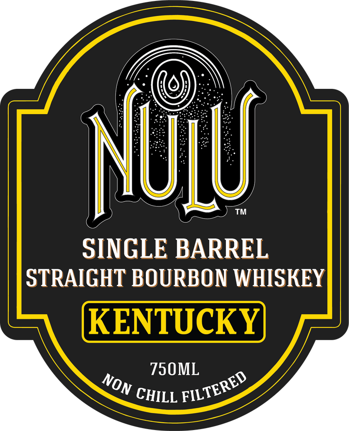 A black and gold Nulu label for Single Barrel Kentucky Straight Bourbon Whiskey, Barrel KY49, aged 8 years, 120 proof, 750ml, non chill filtered. The design features bold lettering and decorative elements.