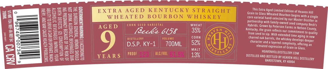 A curved label for Heaven Hill Grain to Glass Extra Aged Limited Edition 9 Year Wheated Bourbon Whiskey, aged 9 years, 61.5% ABV, 700ml, featuring mash bill details, distillery info, and a gold Heaven Hill emblem on maroon.