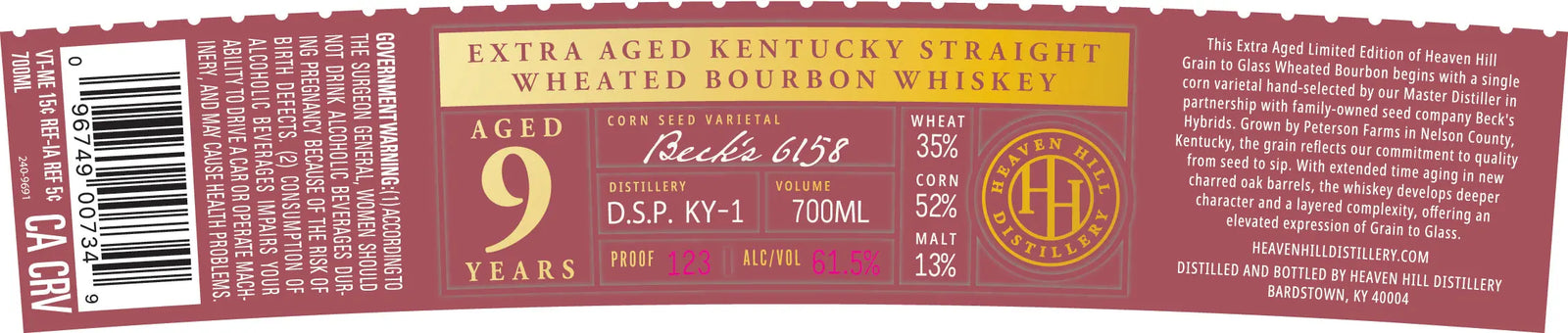 A curved label for Heaven Hill Grain to Glass Extra Aged Limited Edition 9 Year Wheated Bourbon Whiskey, aged 9 years, 61.5% ABV, 700ml, featuring mash bill details, distillery info, and a gold Heaven Hill emblem on maroon.