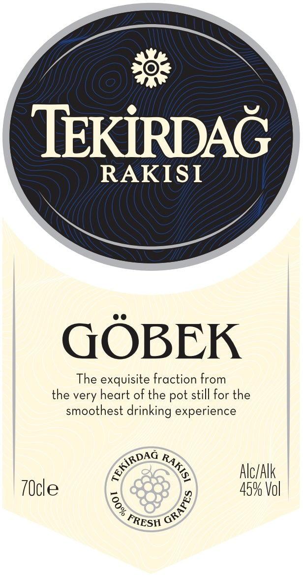 Tekirdag Rakısı Göbek Raki 700mL label: dark circular logo, gold text, sun emblem, cream background. 45% ABV, 700mL. “100% fresh grapes.” Represents the exquisite fraction of this premium Turkish anise spirit.