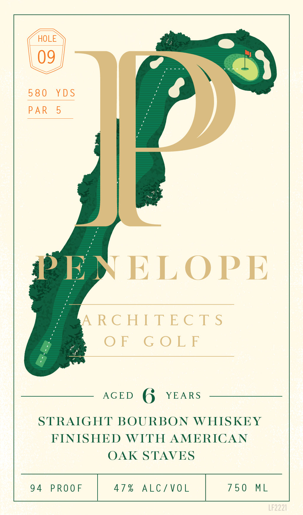 Penelope Bourbon’s Architects of Golf 6 Year Straight Bourbon Whiskey Hole 9 features a golf course label, the letter P, and is a limited release: 94 proof, 47% alc/vol, 750 ml.