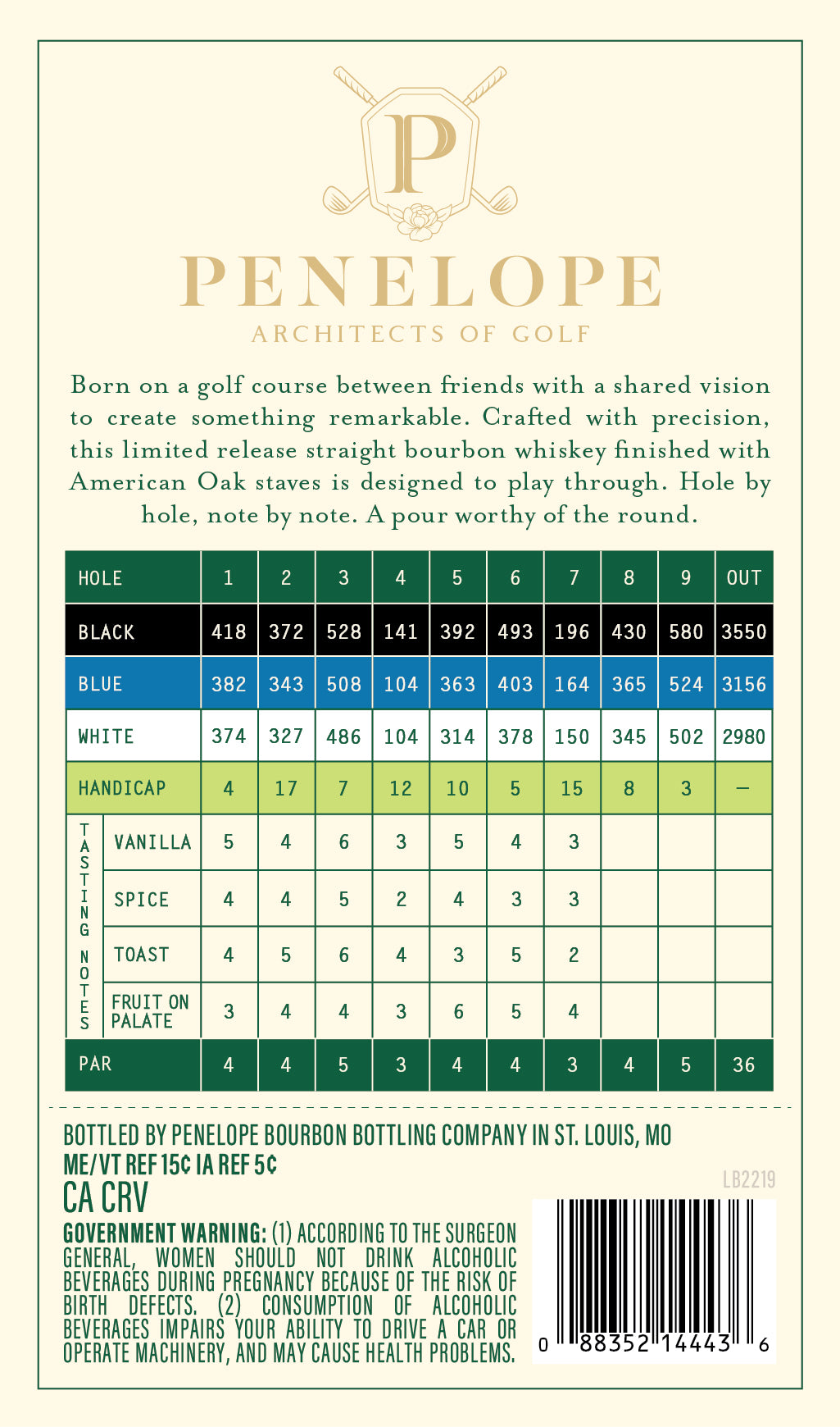 Back label of a Penelope Bourbon Architects of Golf 6 Year Straight Bourbon Whiskey Hole 7 bottle, with tasting notes, ratings for color, nose, palate, and finish—plus origin info and government warning. Perfect for golf-themed gifts.