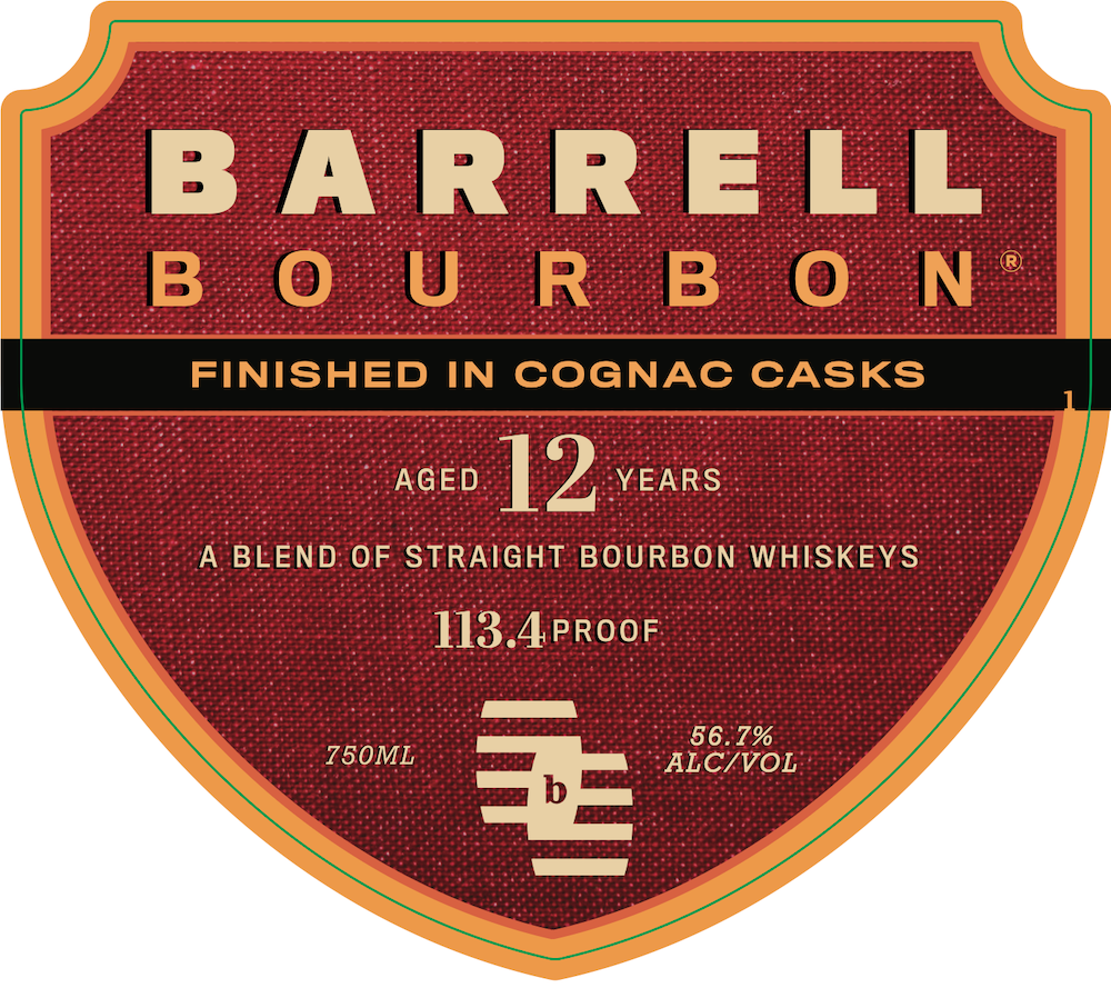 A red and gold shield label for Barrell Craft Spirits' Barrell Bourbon 12 Year Cognac Cask Finish, 113.4 proof (56.7% ALC/VOL), 750ml—a blend of straight bourbons aged 12 years in Cognac casks.