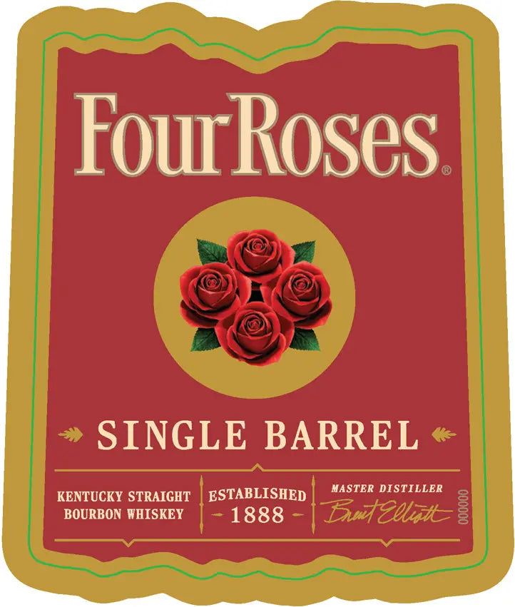Label for Four Roses OBSO Single Barrel Bourbon by Four Roses, featuring a red background, gold text and trim, four red roses in a circle, and the phrases “Established 1888” and “Master Distiller Brent Elliott.”.