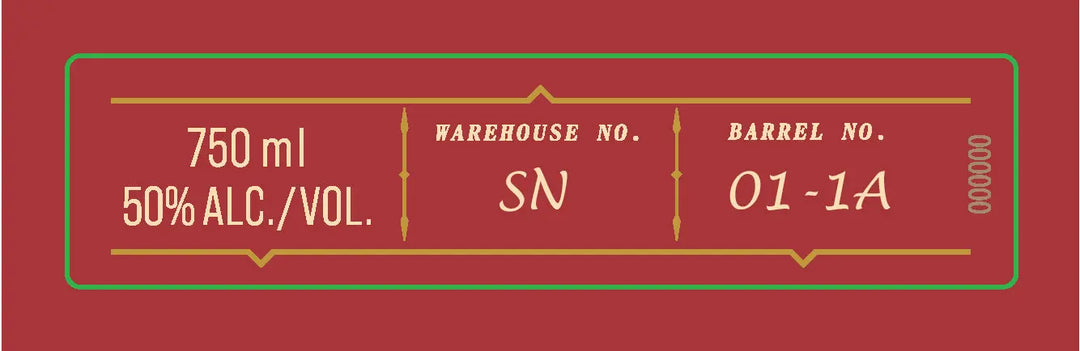 A maroon label with gold text shows: 750 ml, 50% ALC./VOL., WAREHOUSE NO.: SN, BARREL NO.: 01-1A—details of Four Roses OBSO Single Barrel Bourbon—framed by green borders and decorative lines.