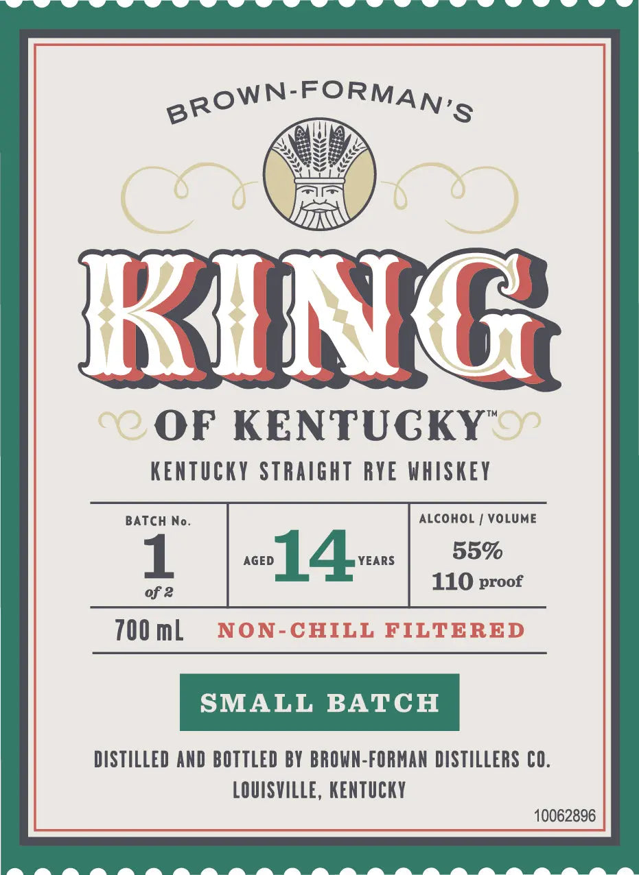 A vintage-style label for King of Kentucky 14 Year Old Small Batch Rye Whiskey Batch 1 (700mL) features "Aged 14 Years," 55% ABV/110 proof, non-chill filtered, distiller details, and ornate borders.