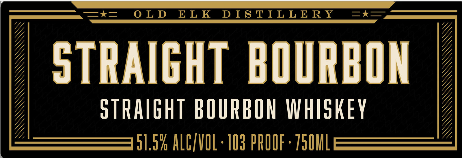 Label for Old Elk Bourbon 10 Year Wheated Bourbon Straight Bourbon Whiskey, 51.5% alcohol by volume, 103 proof, 750 ml, on a black and gold background with bold text. Celebrate craftsmanship with the distinguished taste of Old Elk Bourbon showcased in this sleek and striking design.
