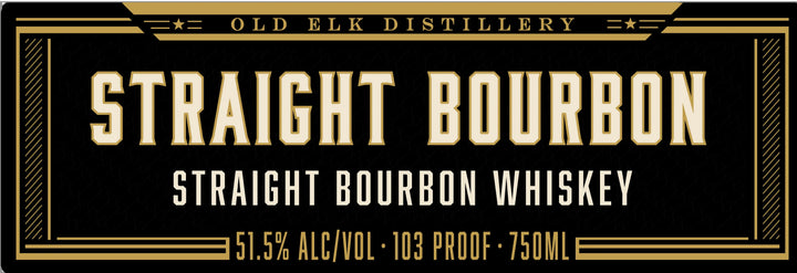 Label for Old Elk Bourbon 10 Year Wheated Bourbon Straight Bourbon Whiskey, 51.5% alcohol by volume, 103 proof, 750 ml, on a black and gold background with bold text. Celebrate craftsmanship with the distinguished taste of Old Elk Bourbon showcased in this sleek and striking design.