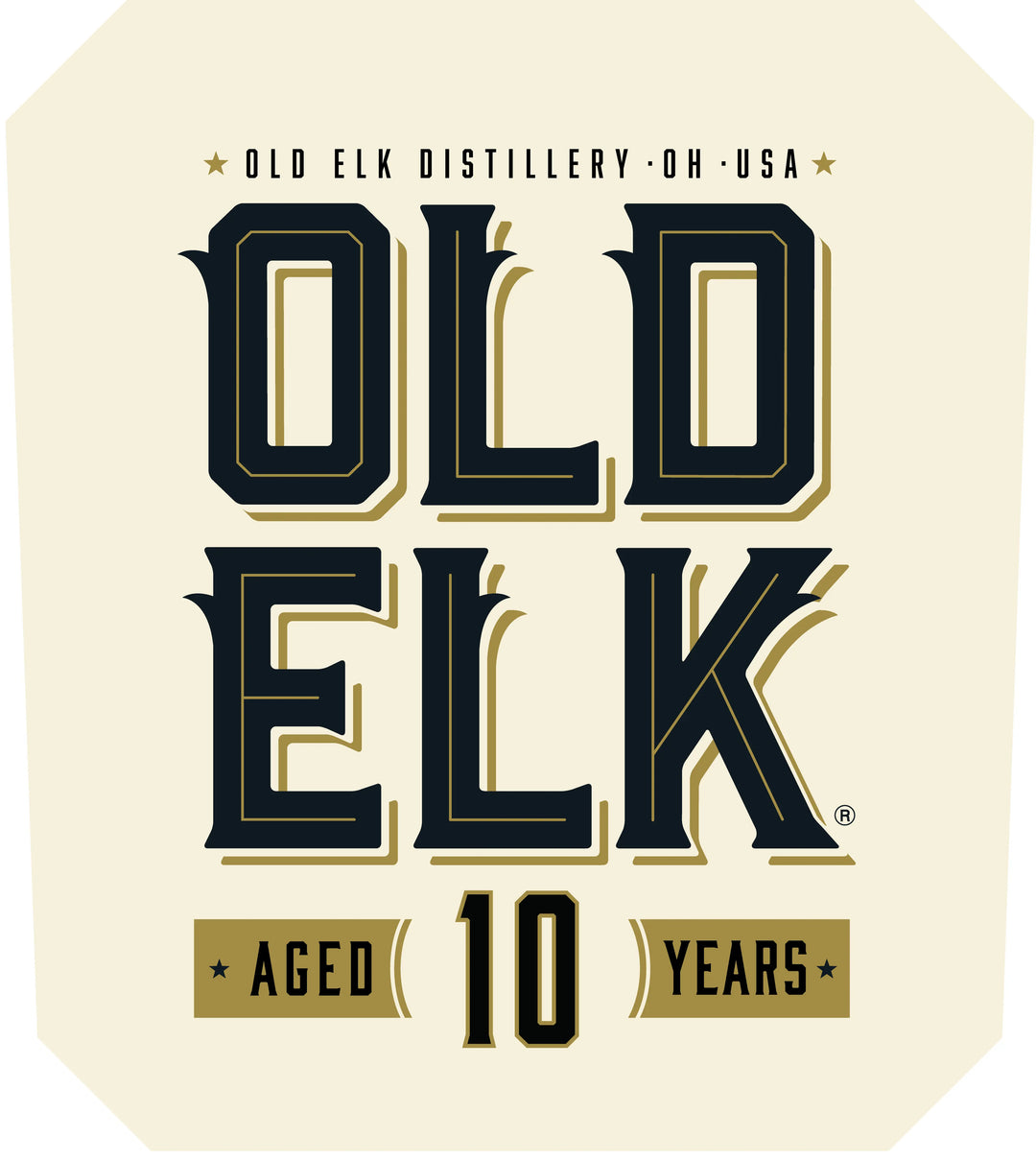 Featuring the distinguished Old Elk Bourbon label with striking "OLD ELK" lettering and “Aged 10 Years” beneath, this design highlights the remarkable Old Elk 10 Year Straight Wheat Whiskey. Prominently displayed at the top is "Old Elk Distillery · OH · USA." The cream background, accented with rich dark and gold tones, provides an elegant backdrop that honors the heritage and premium craftsmanship behind this finely aged wheat whiskey.