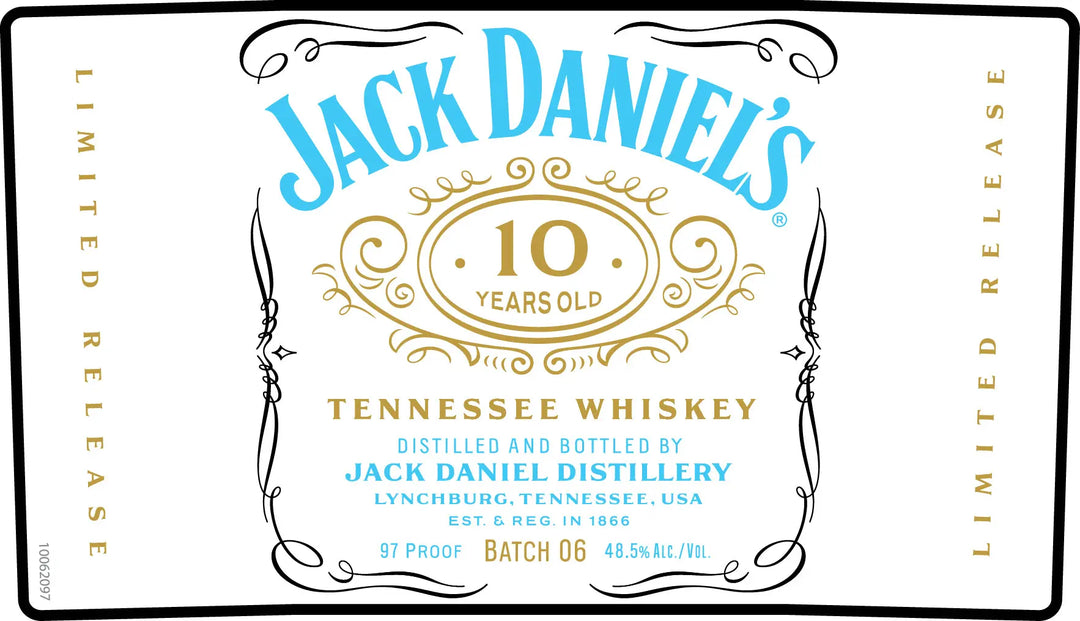 The Jack Daniel’s 10 Year Old Tennessee Whiskey Batch 06 700mL showcases elegant gold and blue lettering on an ornate label, highlighting its distinction as a limited release from the renowned Jack Daniel&